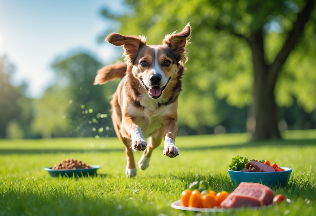 A happy dog running and jumping energetically in a green park with a bowl of healthy dog food nearby.