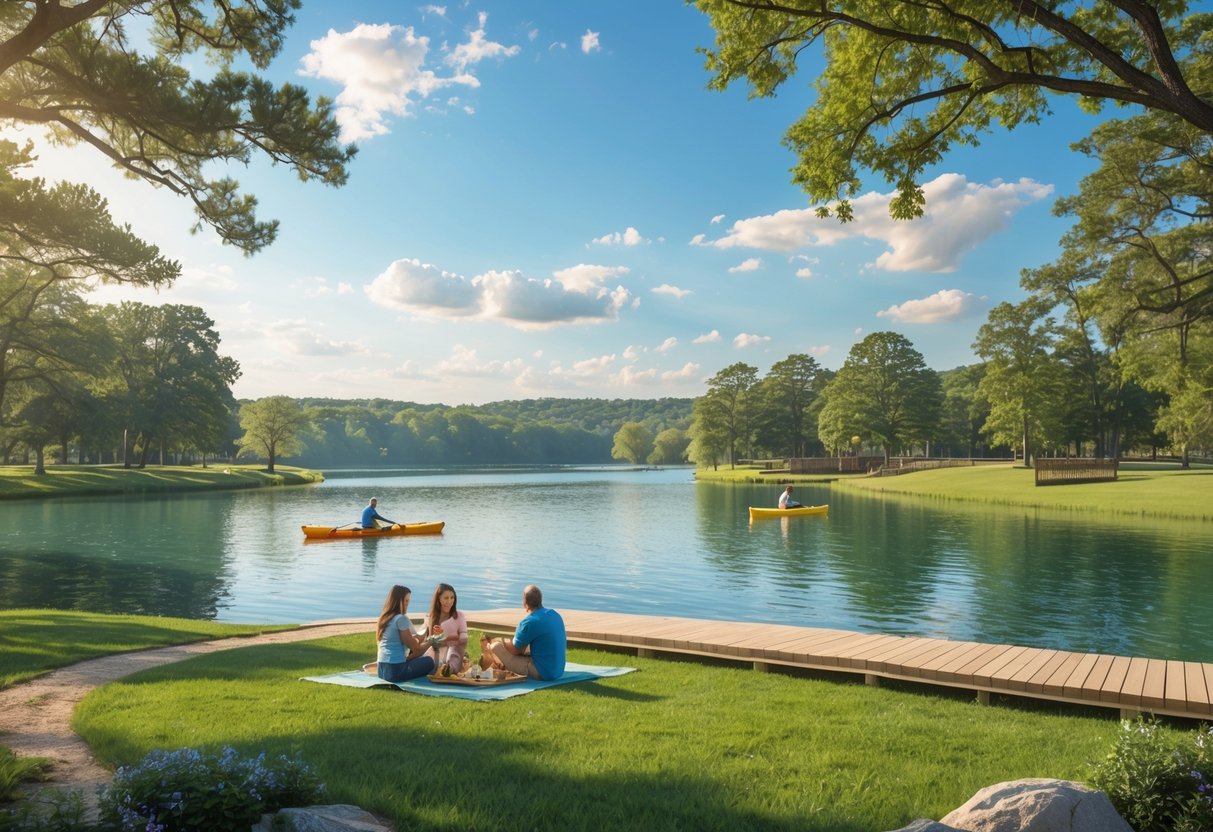 A family picnicking by a lake surrounded by trees and walking trails in Oxford, Mississippi, with people kayaking on the water under a blue sky.