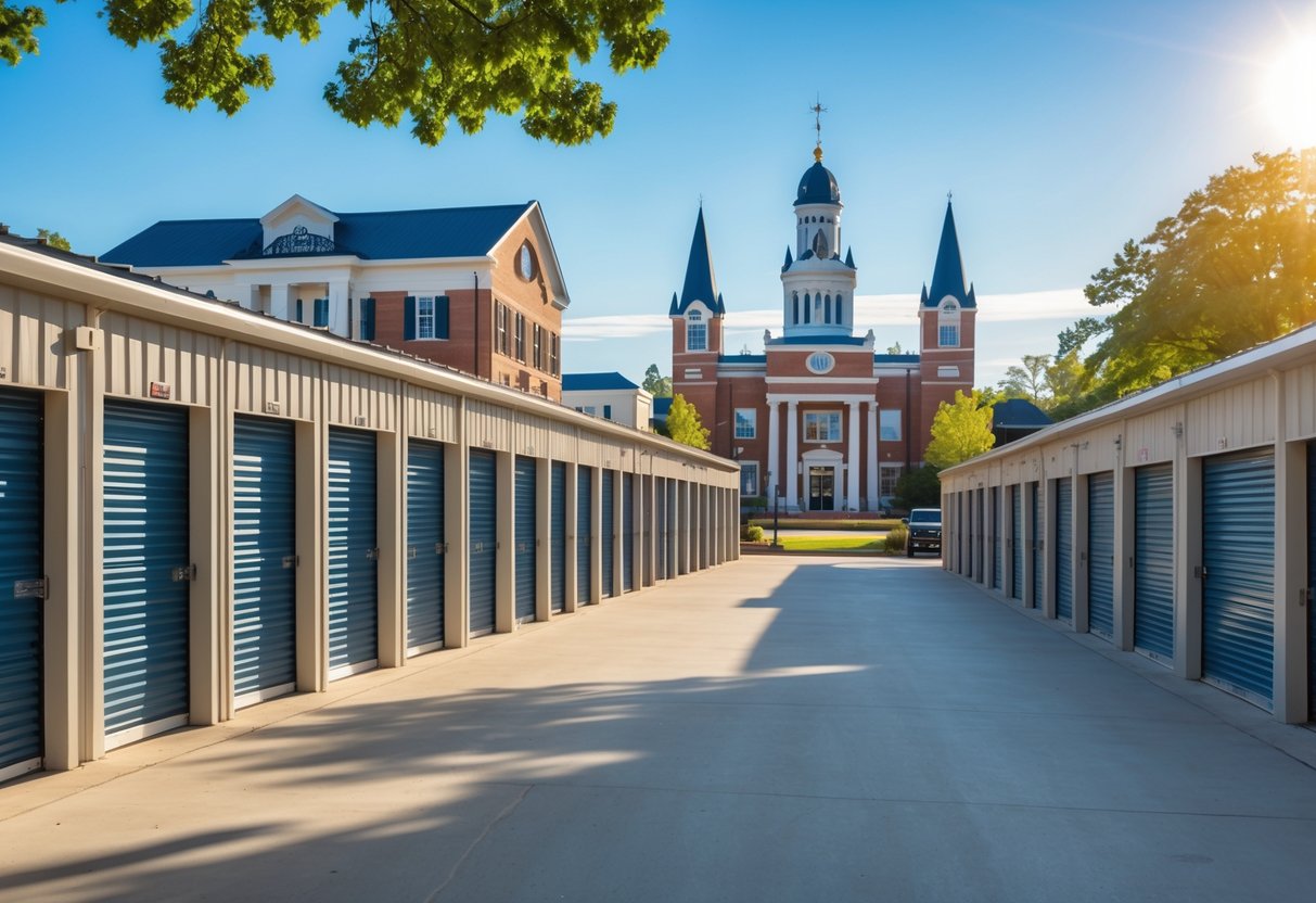 A clean storage unit facility with rows of storage doors and Oxford, Mississippi landmarks visible in the background under a clear sky.