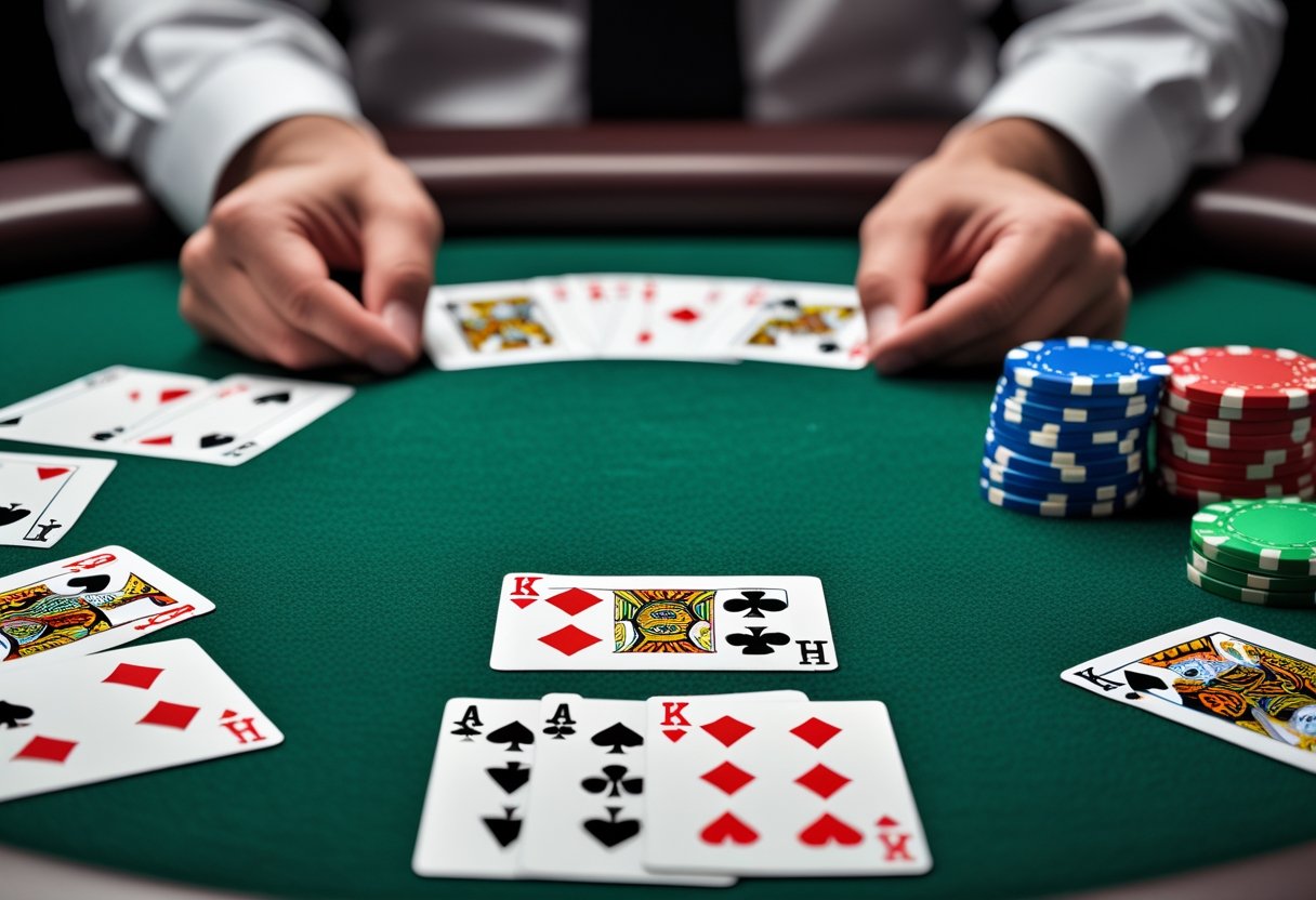 A poker table showing various Texas Hold'em playing cards arranged to display the best poker hands with poker chips on a green felt surface.
