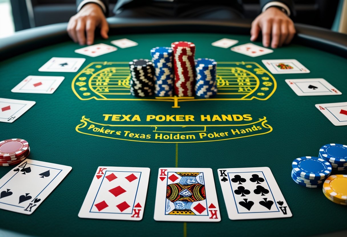 Top-down view of a poker table with playing cards arranged to show the best Texas Hold'em hands and stacks of poker chips on a green felt surface.