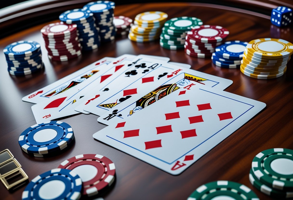 A poker table with playing cards displaying different winning poker hands and stacks of poker chips arranged around them.