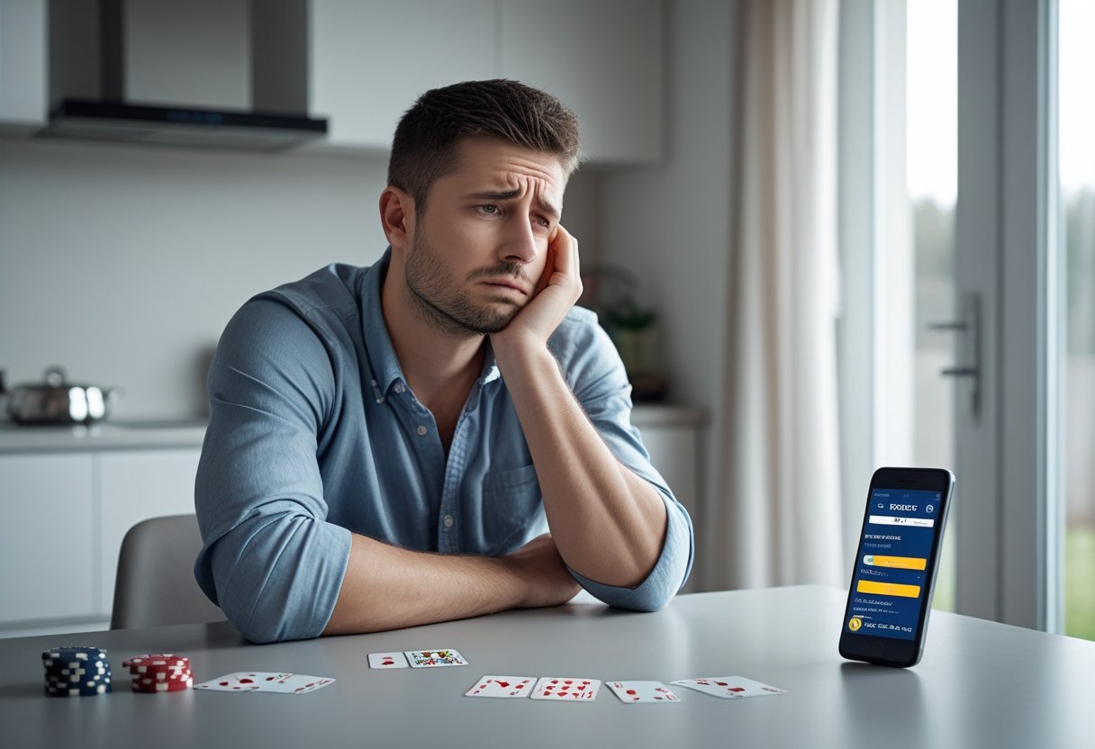 A man sitting alone at a kitchen table looking thoughtful and distressed with poker chips and playing cards nearby.