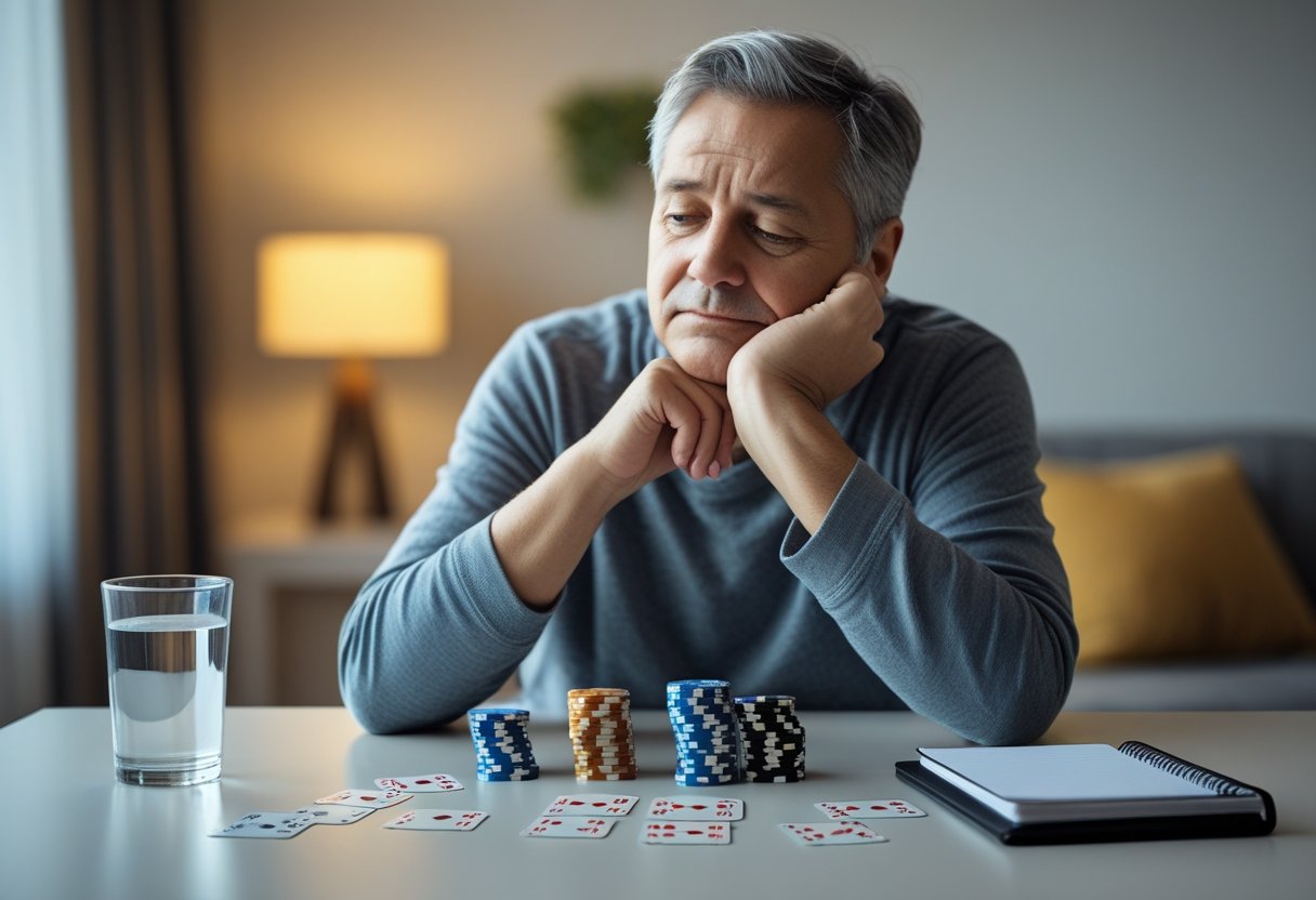 A person sitting at a table looking thoughtfully at poker chips and cards, with a coffee cup and notebook nearby in a quiet room.