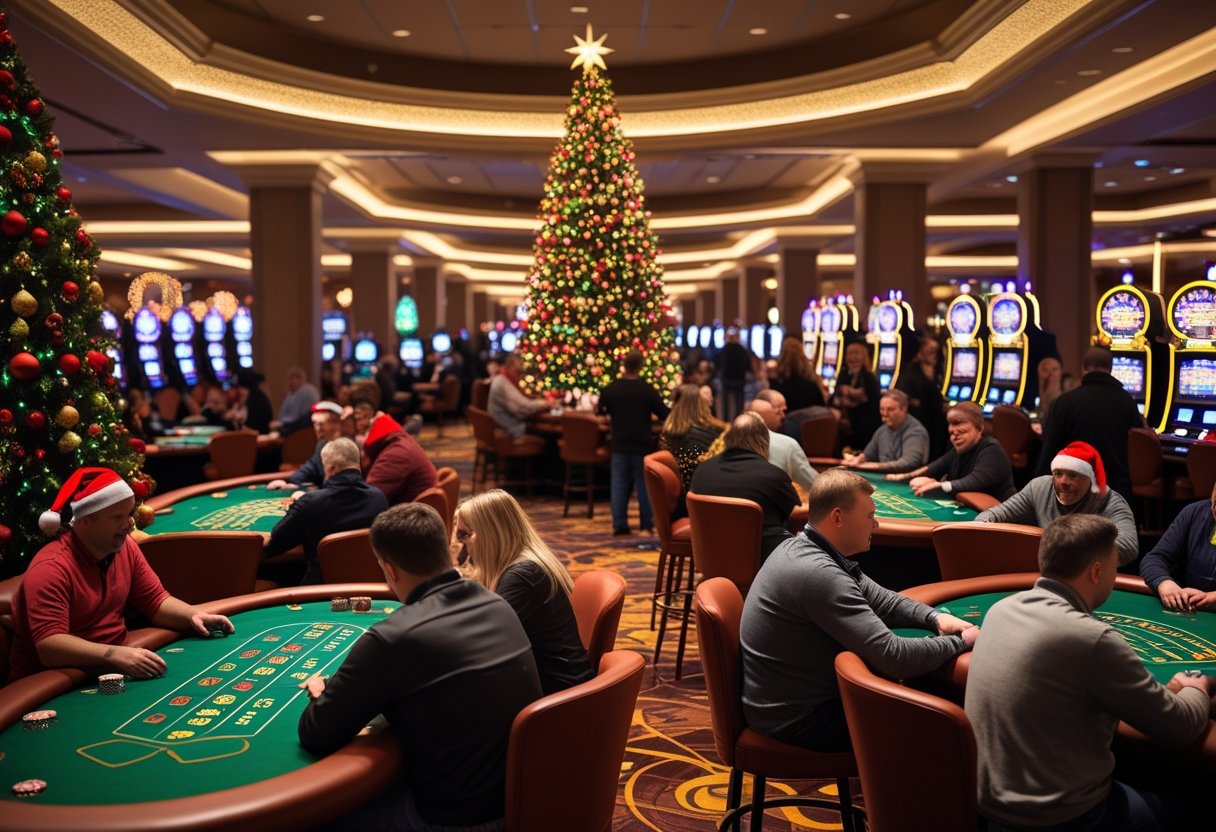 People playing casino games surrounded by Christmas decorations and a large Christmas tree inside a casino.