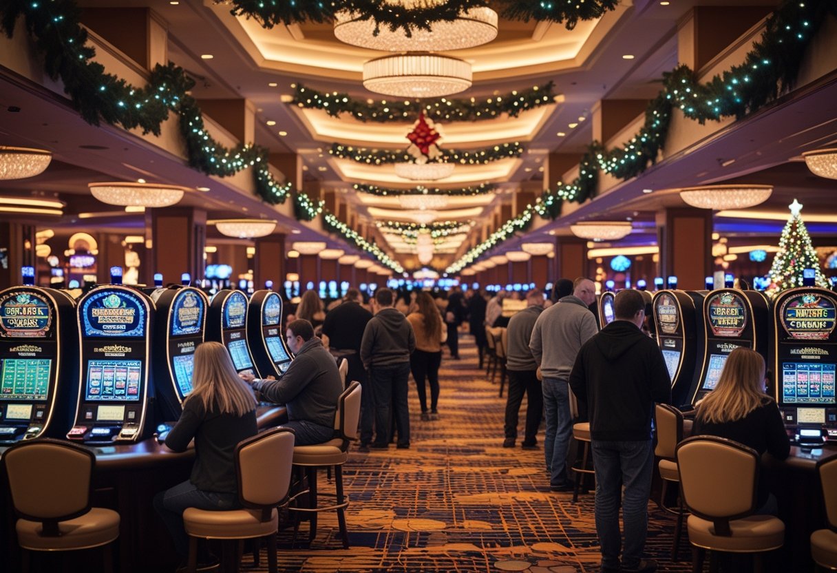 Interior of a casino decorated for Christmas with people playing games and festive decorations including a Christmas tree and lights.