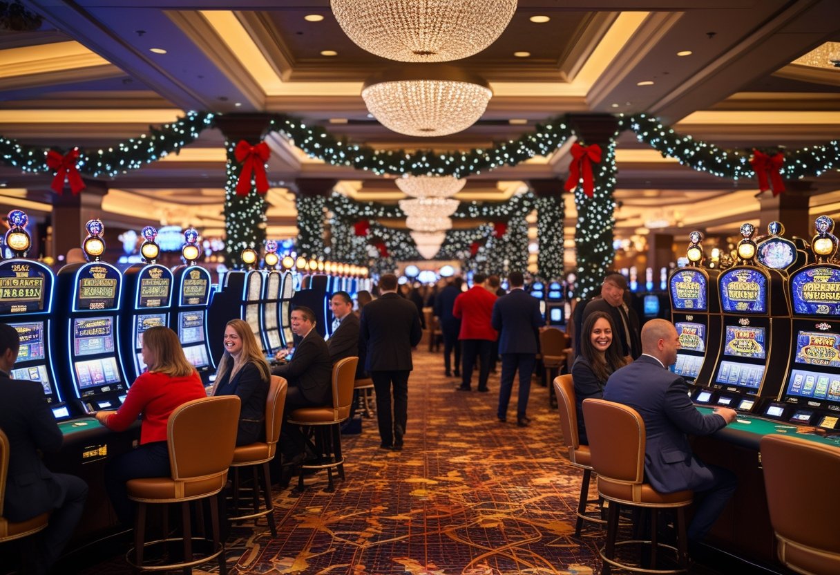 Busy casino interior decorated for Christmas with people playing games and festive decorations.