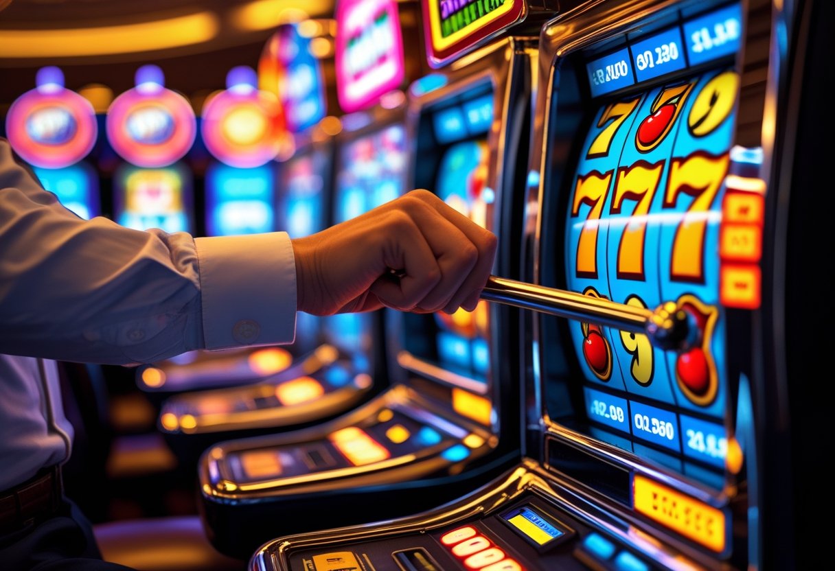 Close-up of hands pulling a slot machine lever in a lively casino setting with colorful jackpot symbols on the reels.