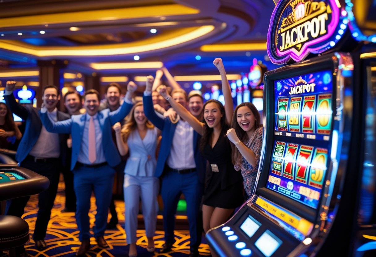 A close-up of a slot machine showing a winning jackpot with people celebrating in the background inside a casino.