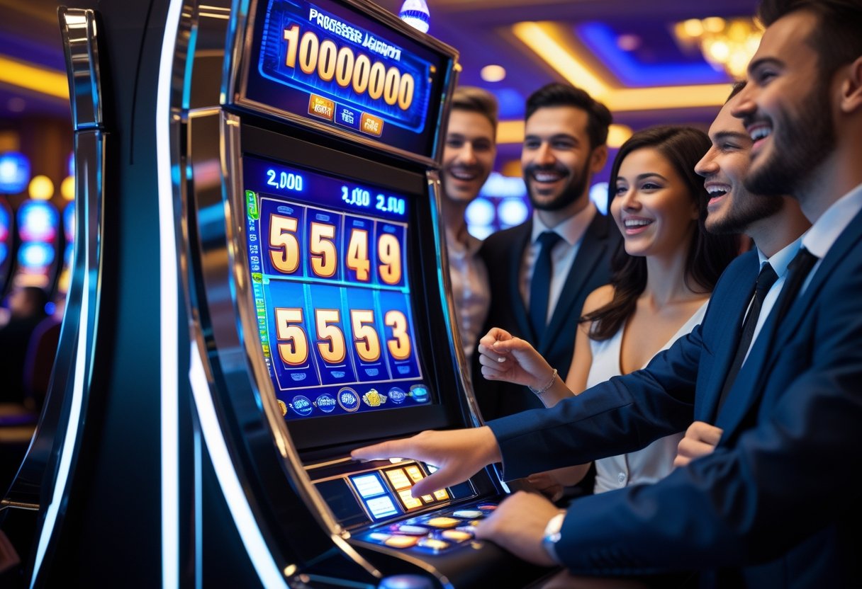 People gathered around a slot machine in a casino with jackpot numbers increasing on the display.