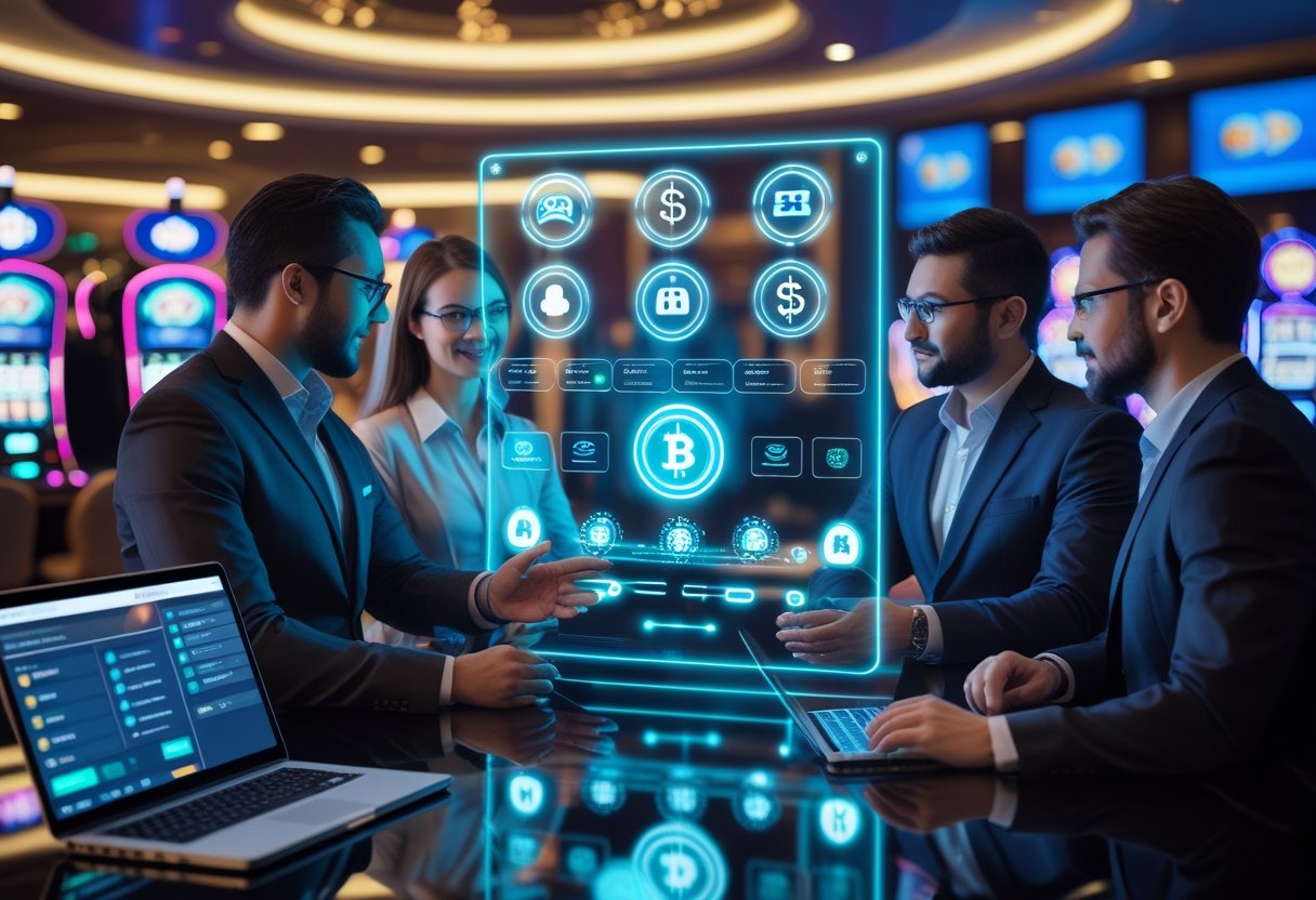 A group of business professionals discussing secure payment processing technology in a casino setting with digital slot machines and poker tables in the background.