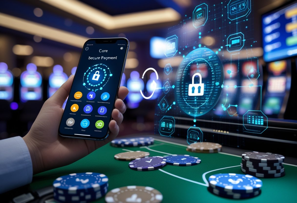 A hand holding a smartphone showing a payment app with casino elements like poker chips and slot machines in the background, illustrating digital payment processing in casinos and online gaming.