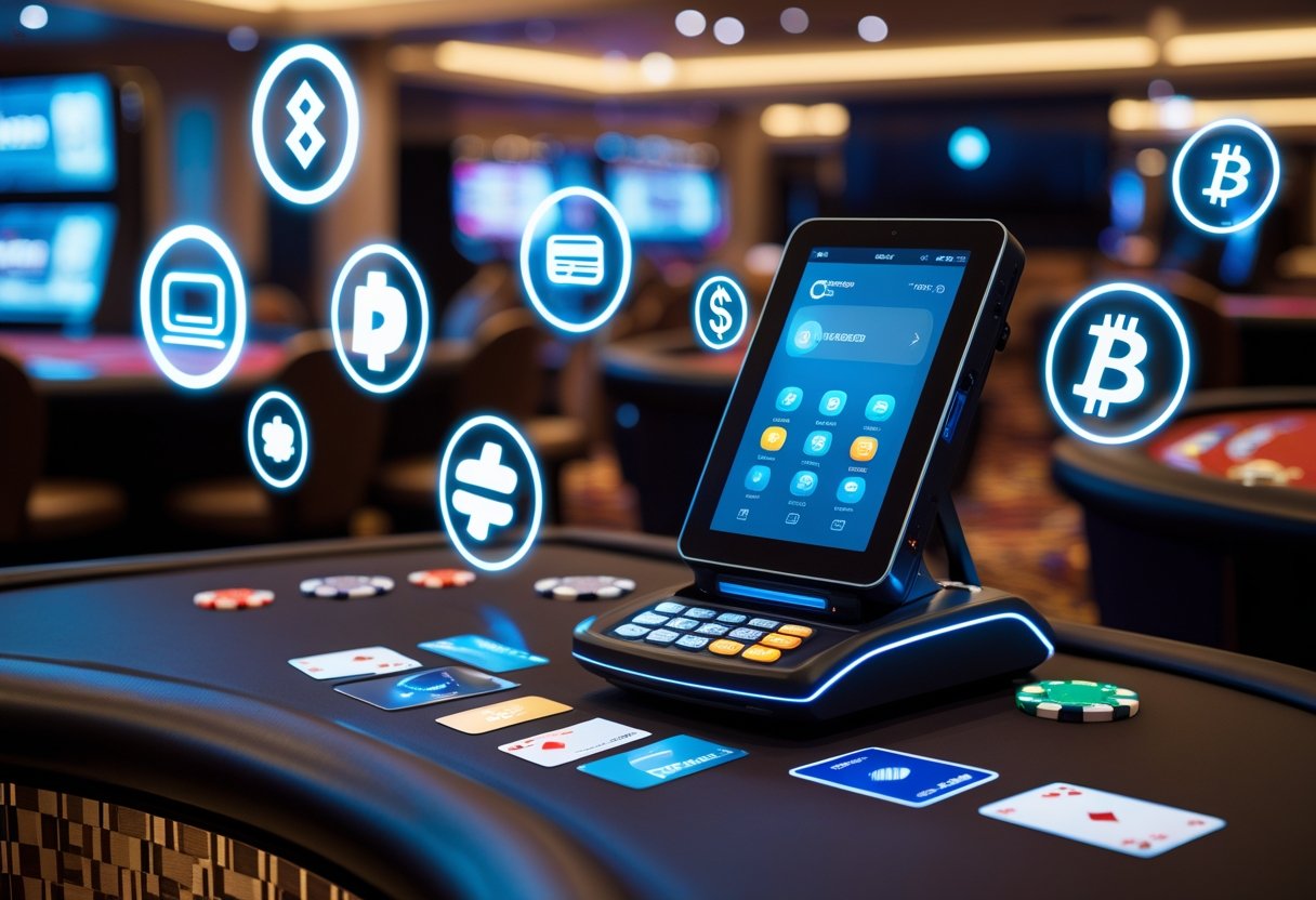 A casino counter with a digital payment terminal surrounded by icons representing credit cards, digital wallets, cryptocurrency, and mobile payments, with poker chips and playing cards in the background.