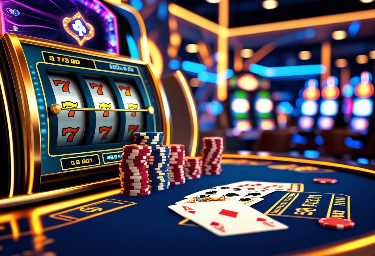 A digital casino scene with slot machines, poker chips, and playing cards on a virtual table with glowing lights.