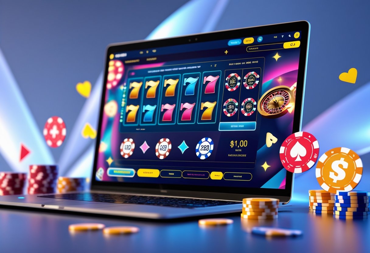 A laptop displaying an online casino interface with slot machines, poker cards, and roulette wheels surrounded by casino chips and playing cards.