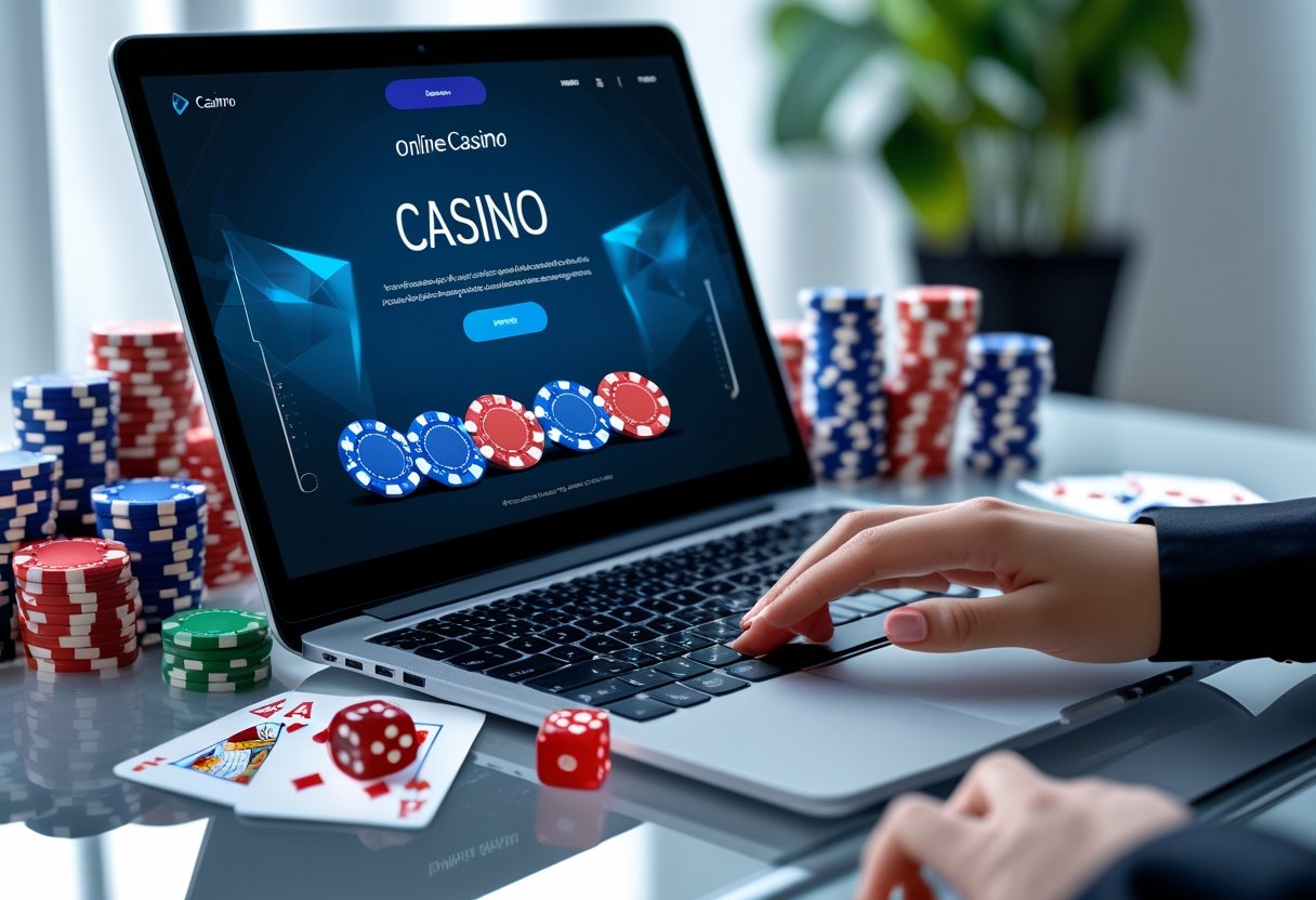 Hands using a laptop on a desk surrounded by poker chips, playing cards, and dice.