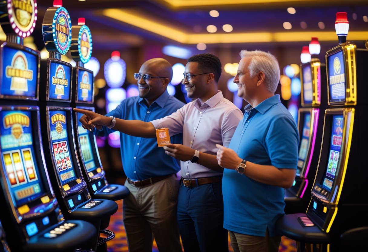 Three adults in a casino examining different slot machines on a brightly lit casino floor.