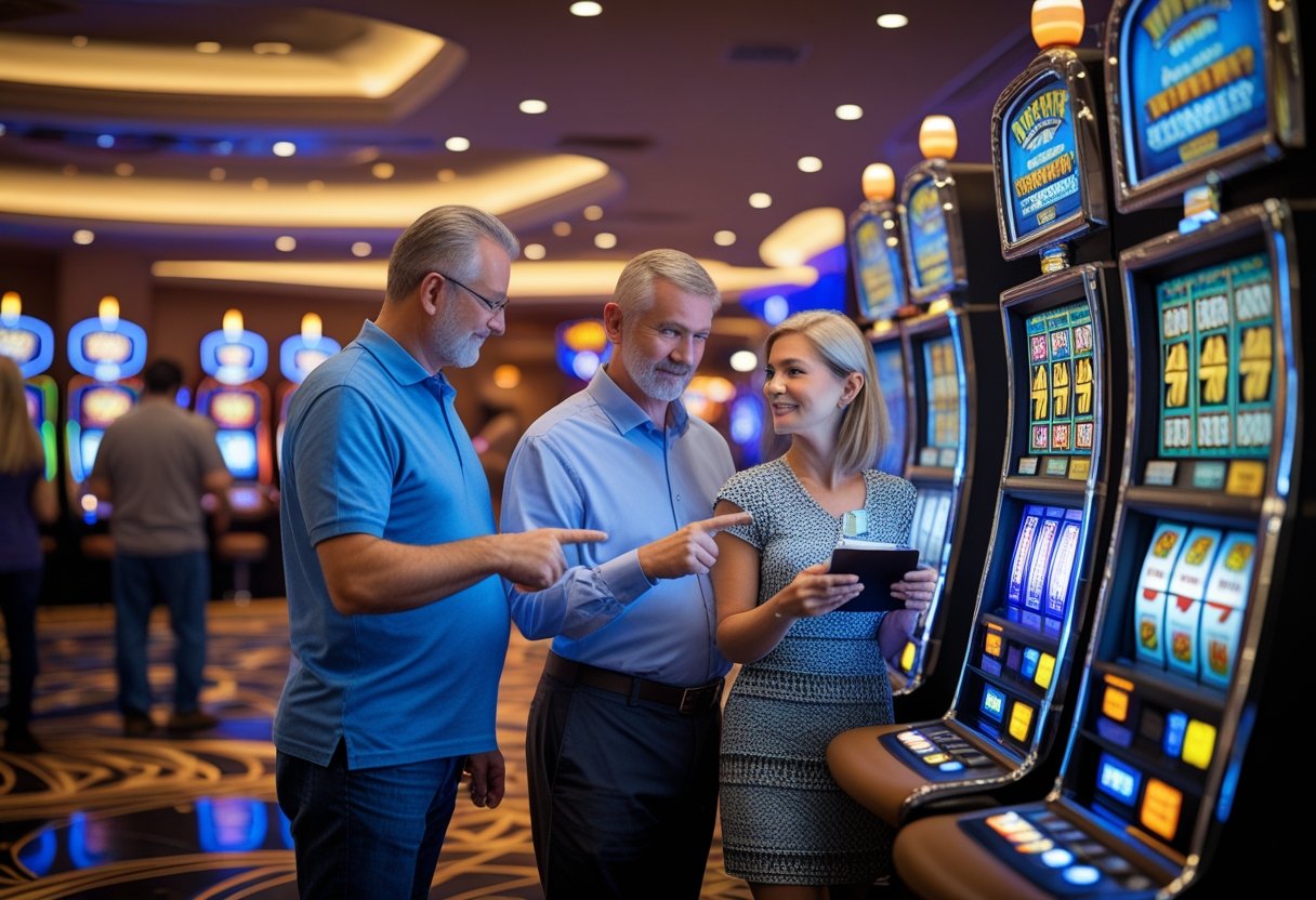 People in a casino examining and choosing slot machines with colorful displays.