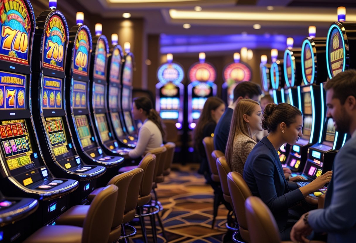 People playing different types of slot machines inside a casino with colorful screens and bright lighting.