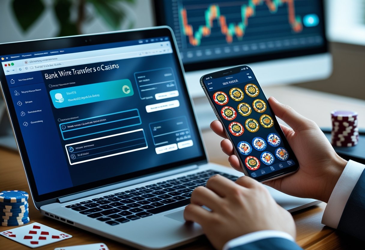 A person using a laptop and smartphone showing banking and casino apps with casino chips and playing cards on a desk.