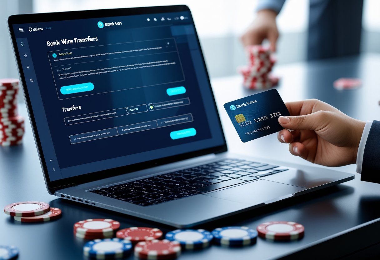 A workspace with a laptop showing a banking interface, a hand holding a bank card, and blurred casino chips and playing cards in the background.
