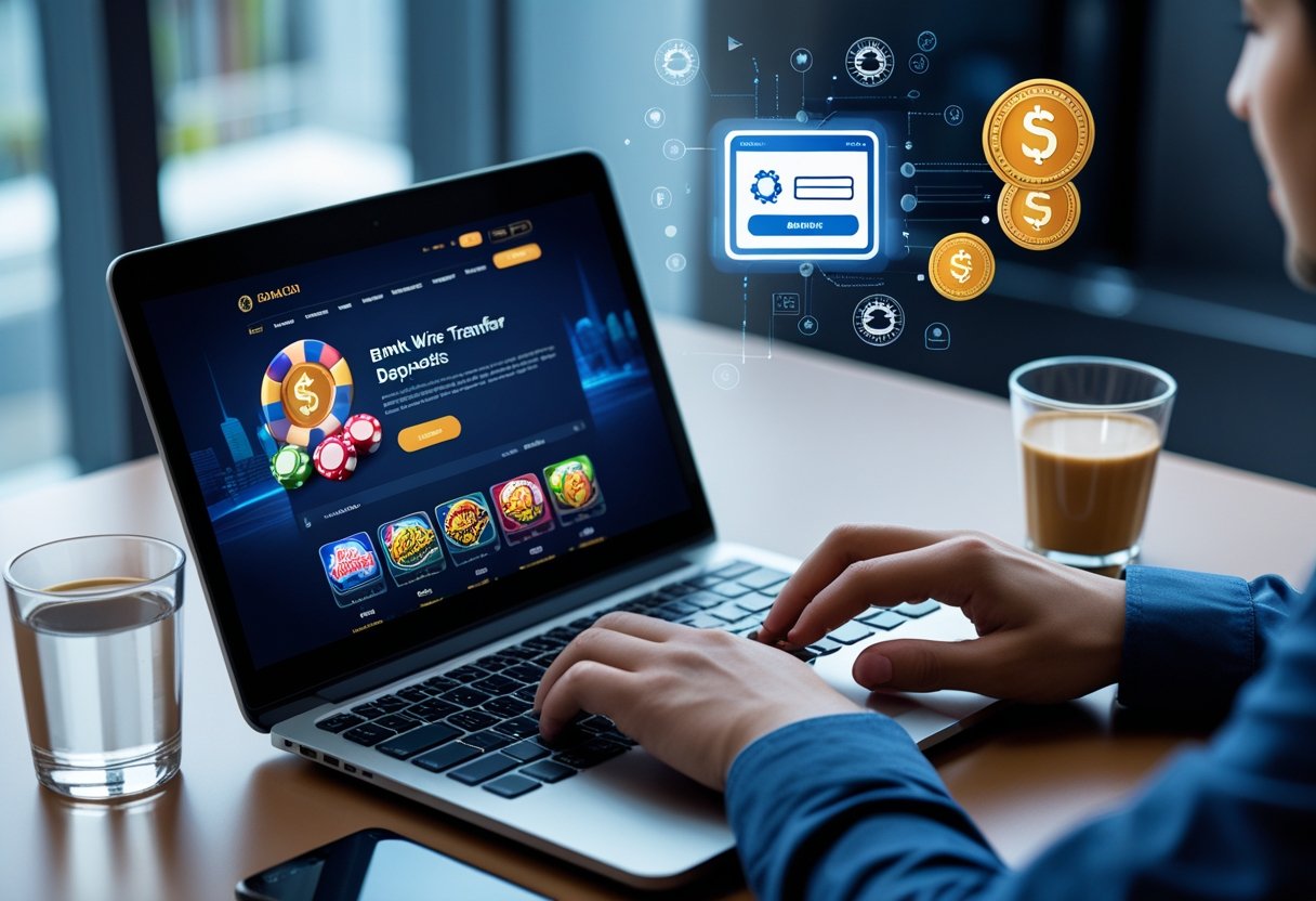 A person using a laptop and smartphone to make an online bank wire transfer for an online casino deposit.
