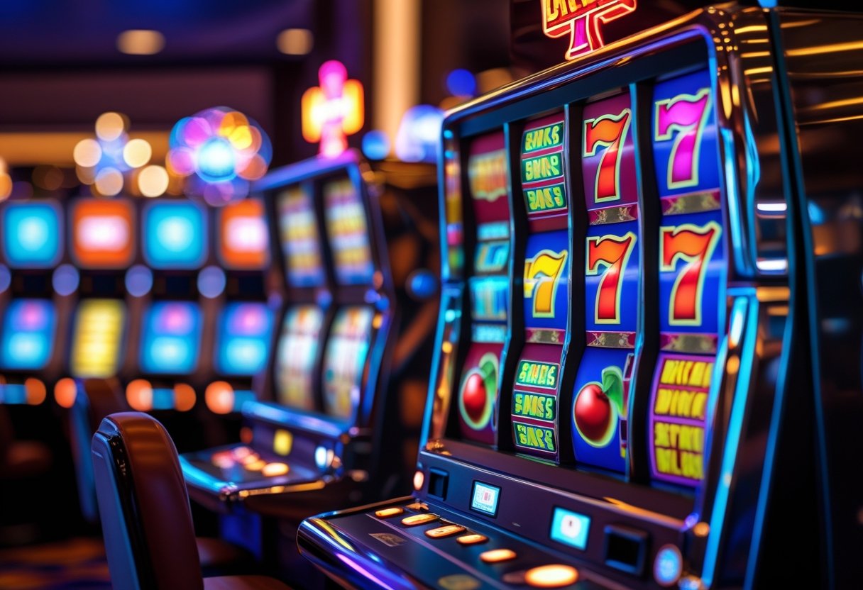 A close-up view of a slot machine with colorful reels in a casino setting, surrounded by blurred slot machines and ambient lighting.