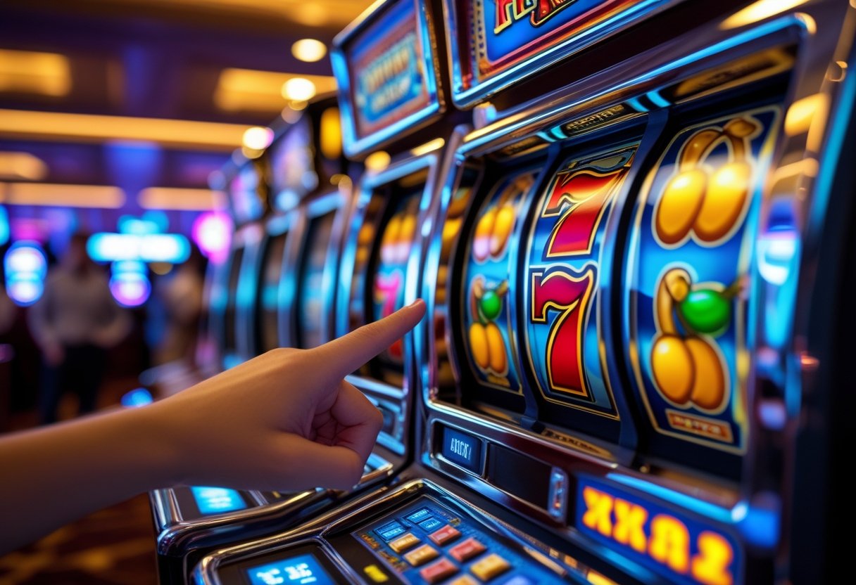 A person pressing the spin button on a slot machine with spinning reels showing classic symbols in a casino setting.
