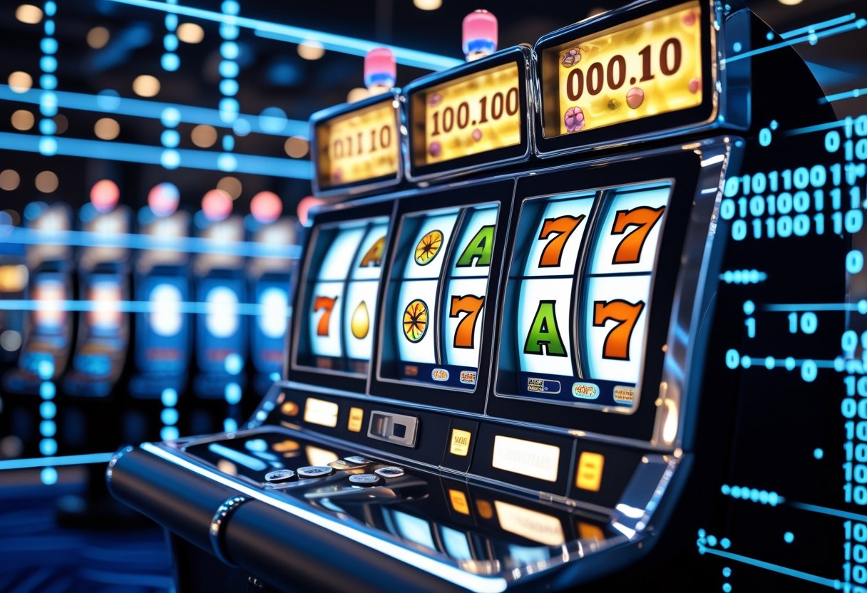A slot machine with spinning reels showing classic symbols, surrounded by glowing digital numbers and symbols representing randomness and fairness.