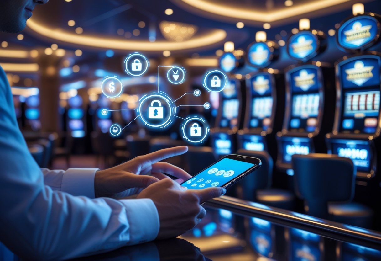 A person using a smartphone to make a fast bank transfer in a modern casino setting with gaming machines in the background.