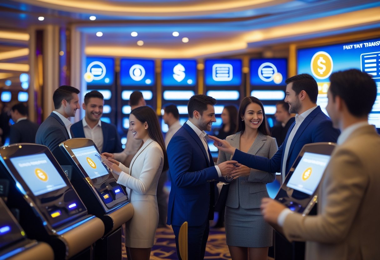 People using mobile devices and kiosks in a modern casino setting, with digital icons representing fast bank transfers and payouts.