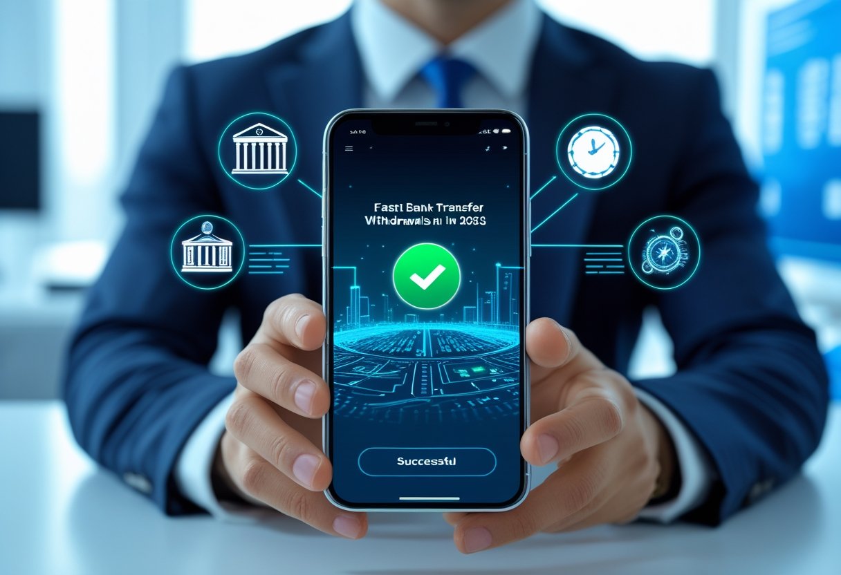 A person holding a smartphone showing a successful bank transfer transaction with digital icons representing fast and secure money transfer in a modern office setting.