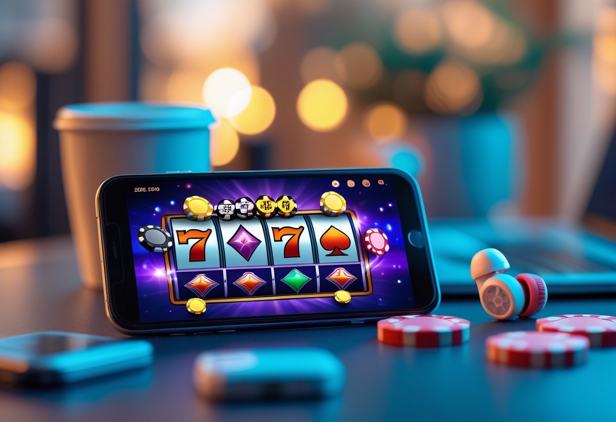 A smartphone on a desk showing a colorful casino game screen with poker cards and slot machine reels, surrounded by a coffee cup and earbuds in a cozy room.