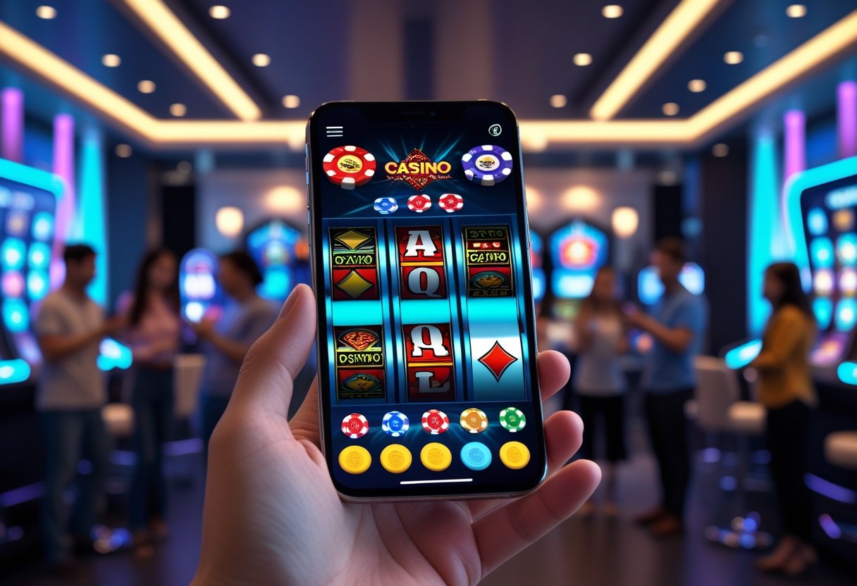 A person holding a smartphone showing a social casino game screen with slot reels and poker cards, with others using devices in a modern setting.