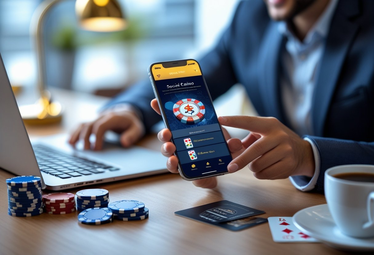 Person using a smartphone with a social casino app in a modern office setting with poker chips and playing cards on the desk.