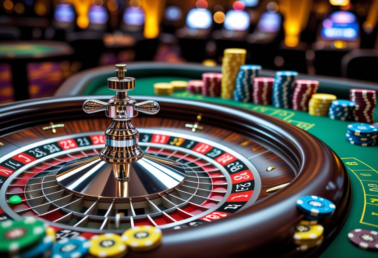 Close-up of a roulette wheel with chips on a betting table in a casino.