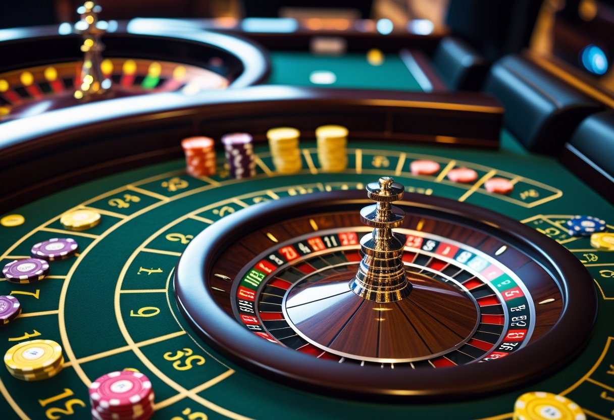 Close-up of a roulette wheel with chips on a green betting table in a casino setting.