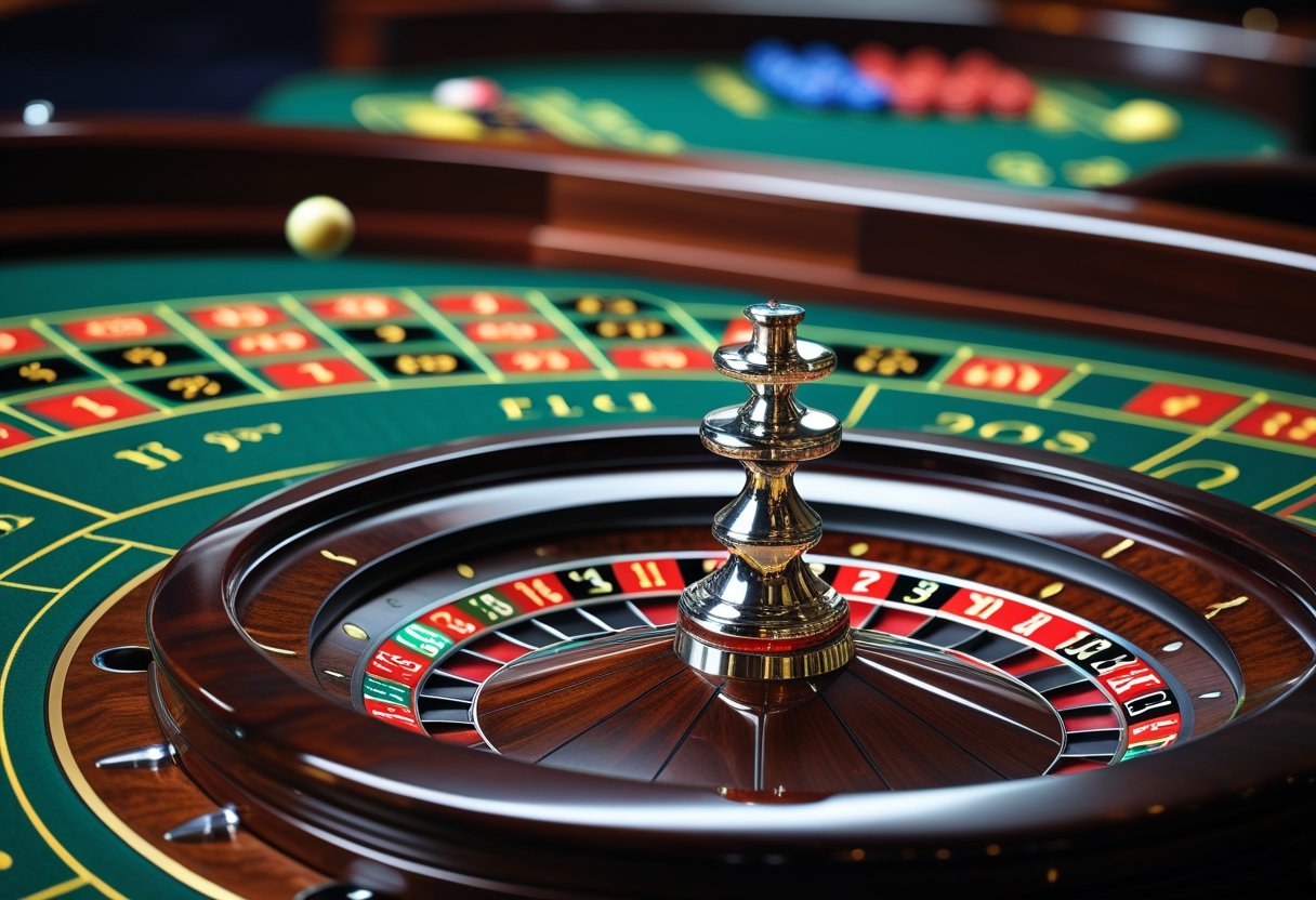 A close-up view of a roulette wheel and green felt betting layout on a casino table with a ball resting on the wheel.