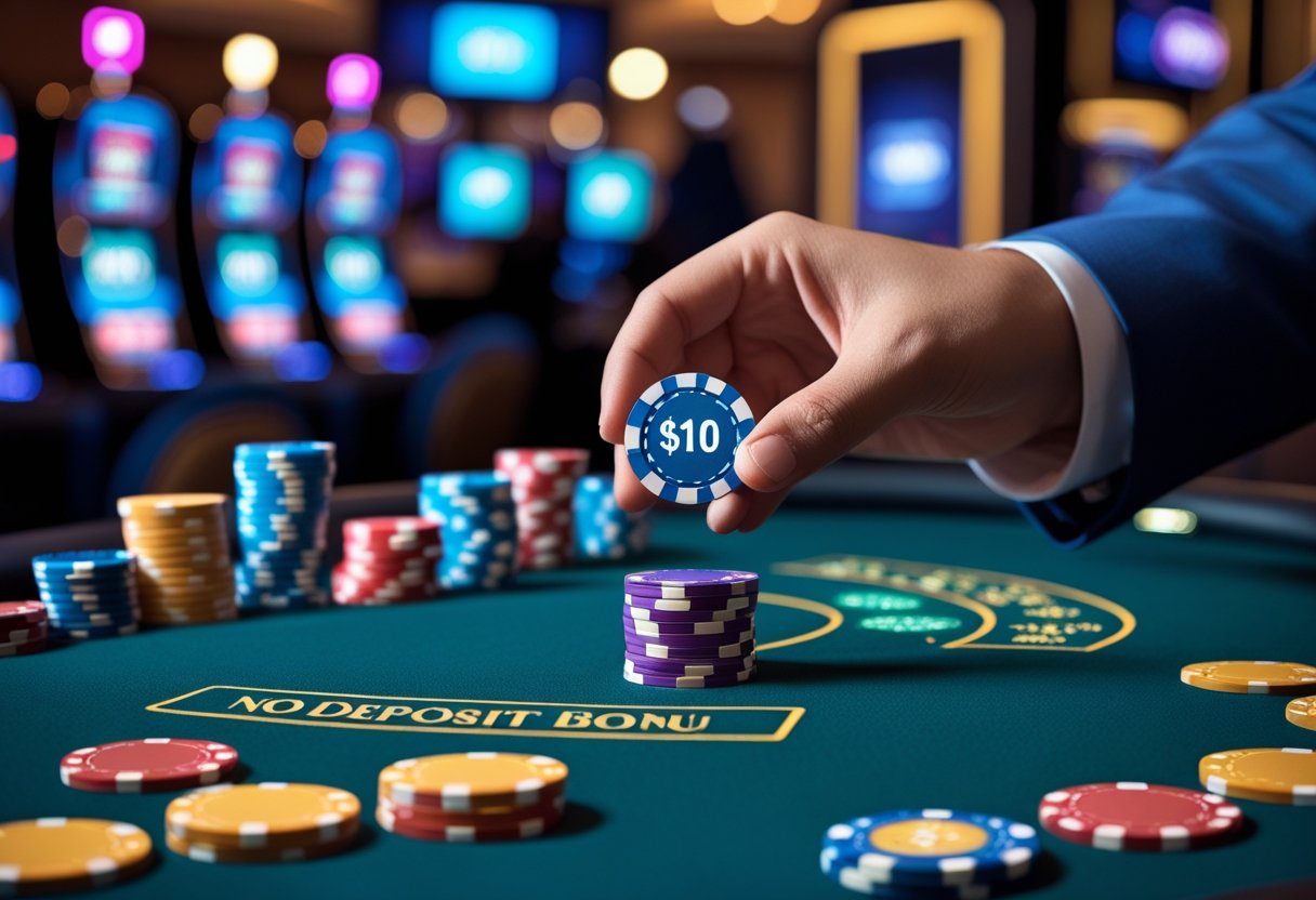 A hand placing a $10 chip on a casino gaming table with chips and cards, with slot machines in the background.
