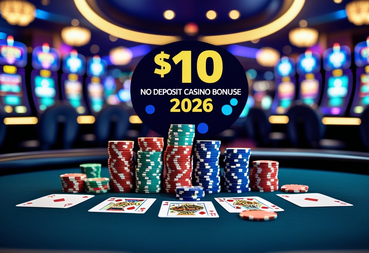 A casino table with poker chips and playing cards, with slot machines softly blurred in the background.