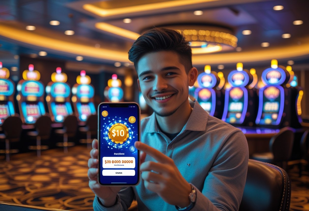 A person smiling and holding a smartphone in a casino with slot machines and gaming tables in the background.