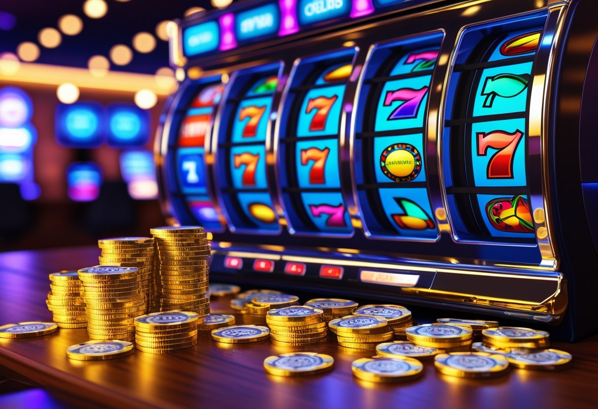 A slot machine with colorful symbols, gold coins, and casino chips on a wooden surface with glowing lights in the background.
