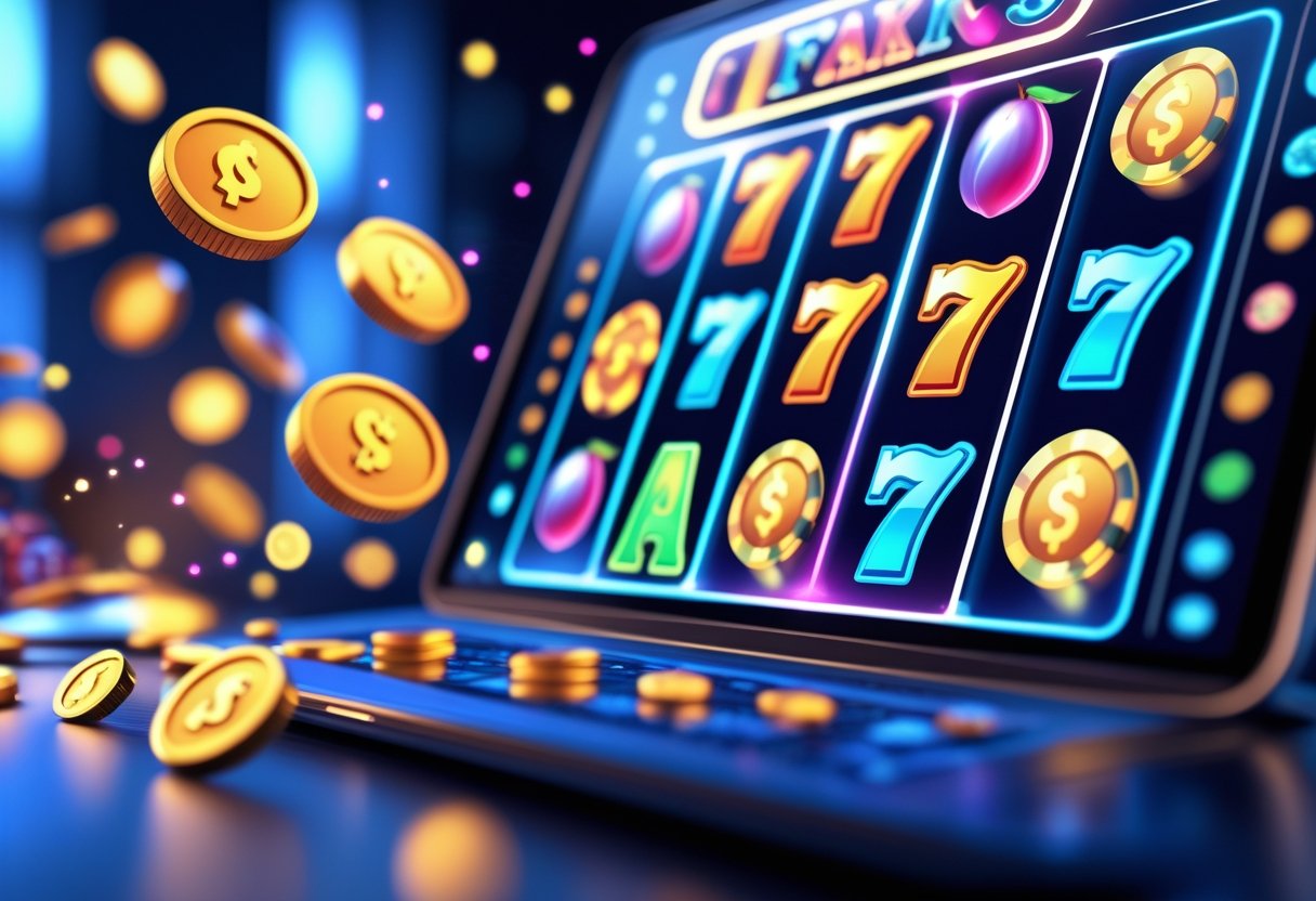 Close-up of a smartphone showing colorful slot machine reels spinning with glowing coins floating around.