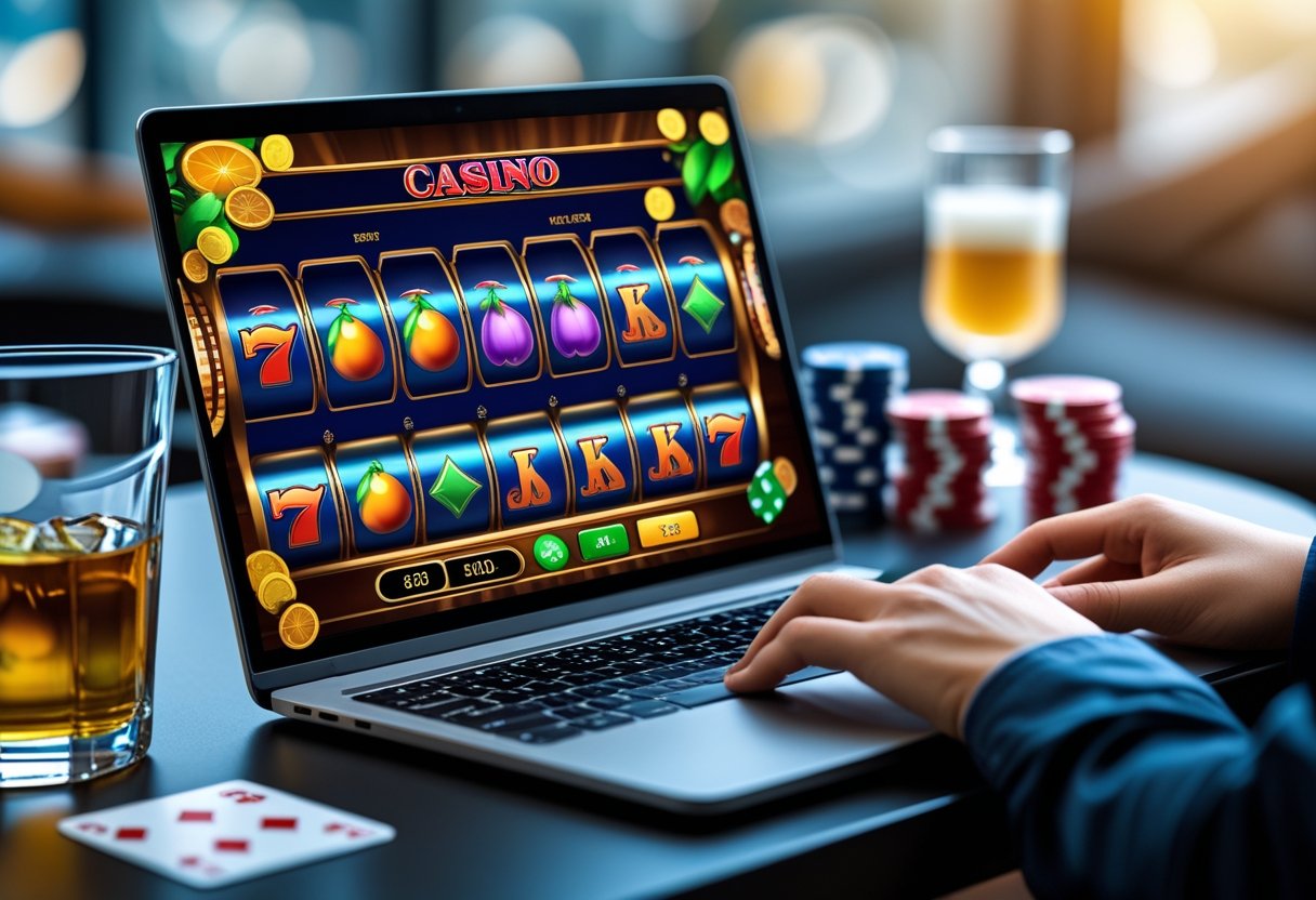 A person using a laptop showing a colorful online slot game with casino chips and playing cards on a desk.