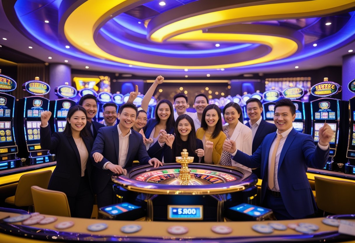 People enjoying slot machines in a modern casino with bright lights and a lively atmosphere.
