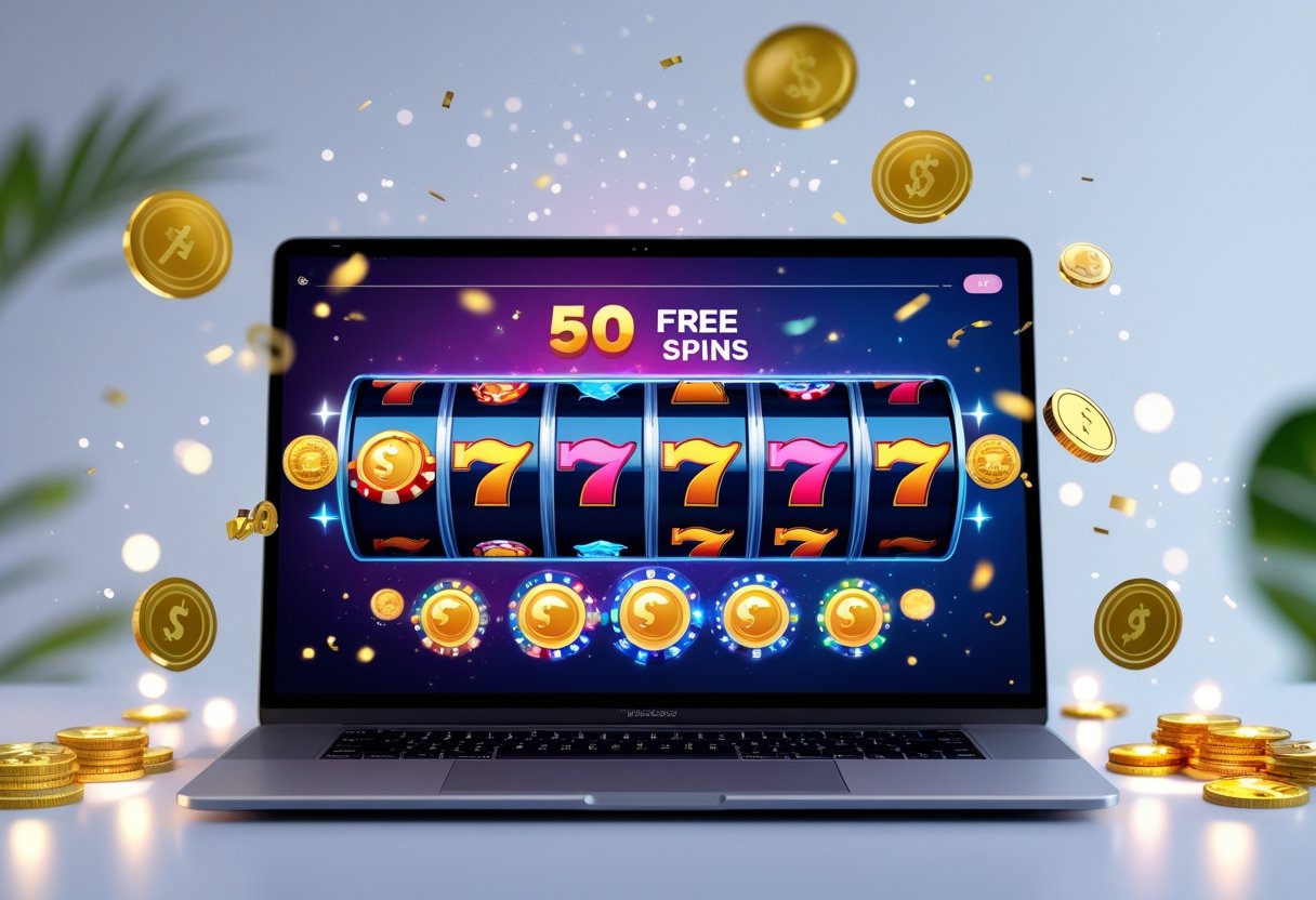 A laptop displaying an online casino slot machine with colorful spinning reels and digital coins around it.