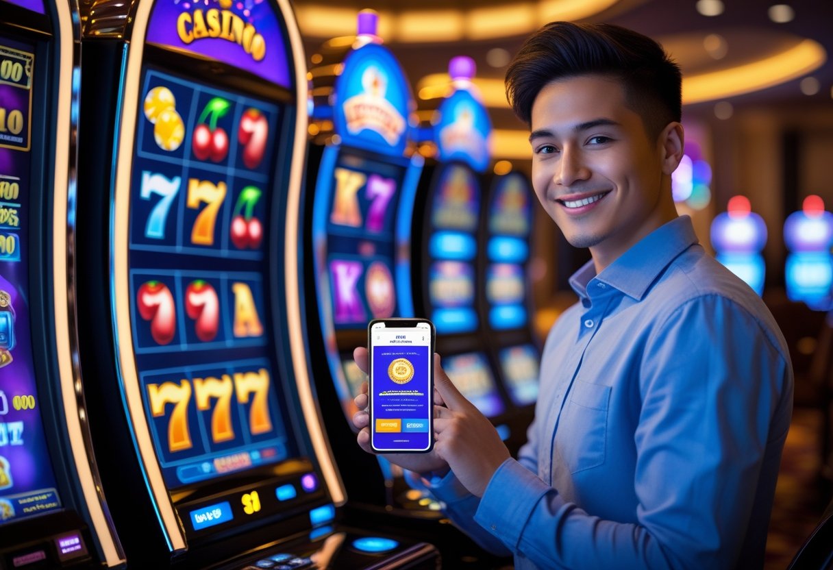 A person smiling while using a smartphone in a casino with a slot machine and poker chips in the background.