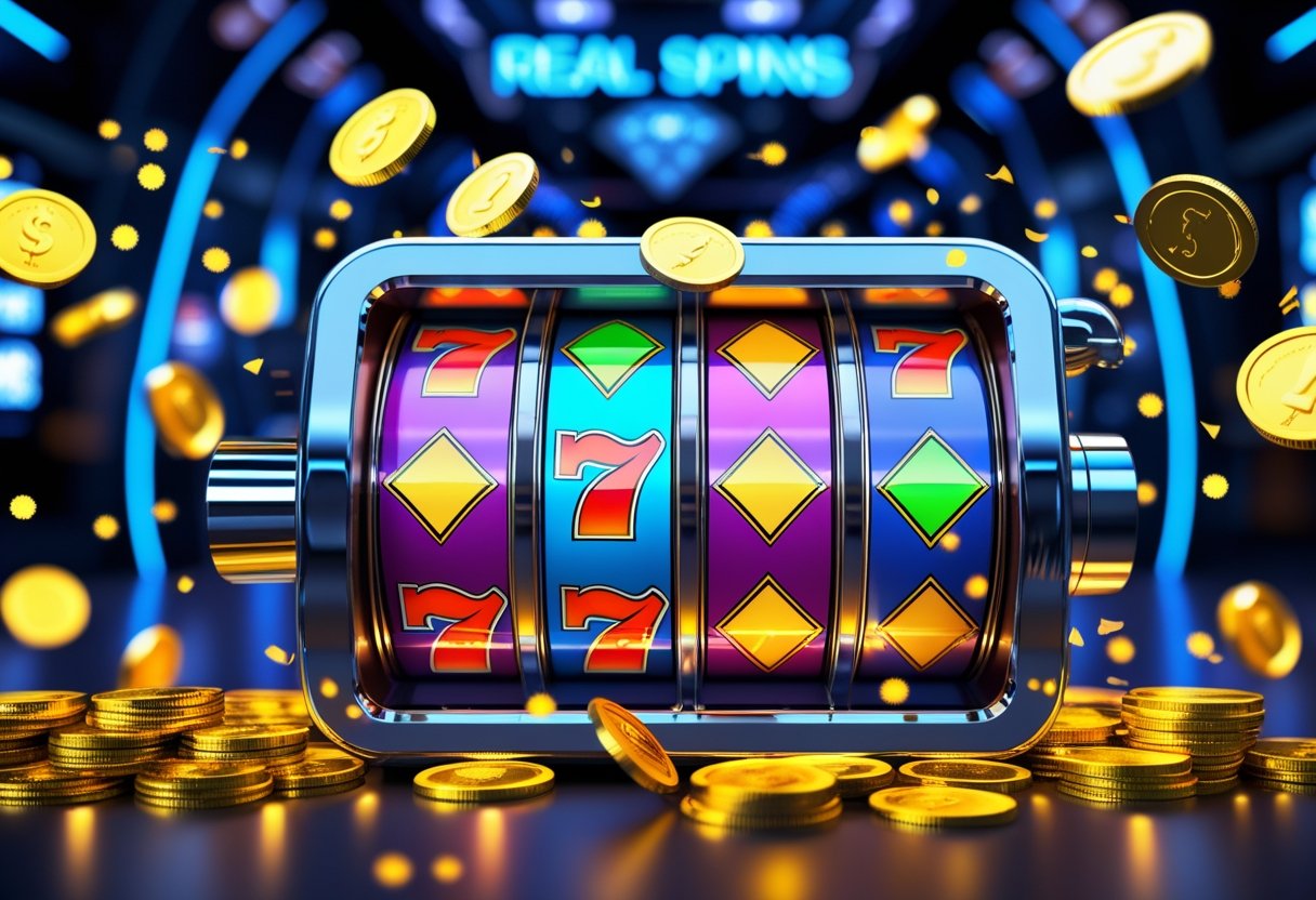 A digital slot machine with spinning reels, surrounded by floating coins and chips, set against a futuristic background.