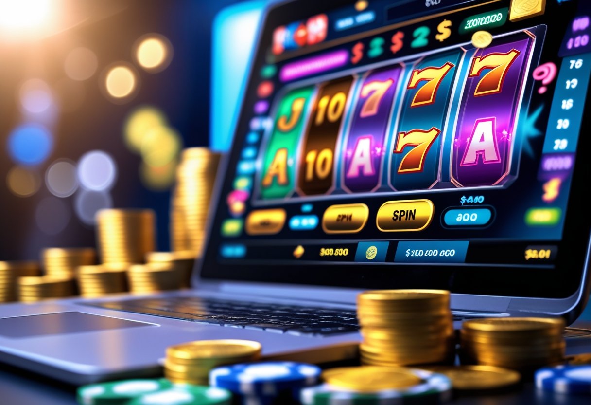 Close-up of a laptop showing an online slot machine game with gold coins and poker chips nearby, suggesting online gambling and winning money.