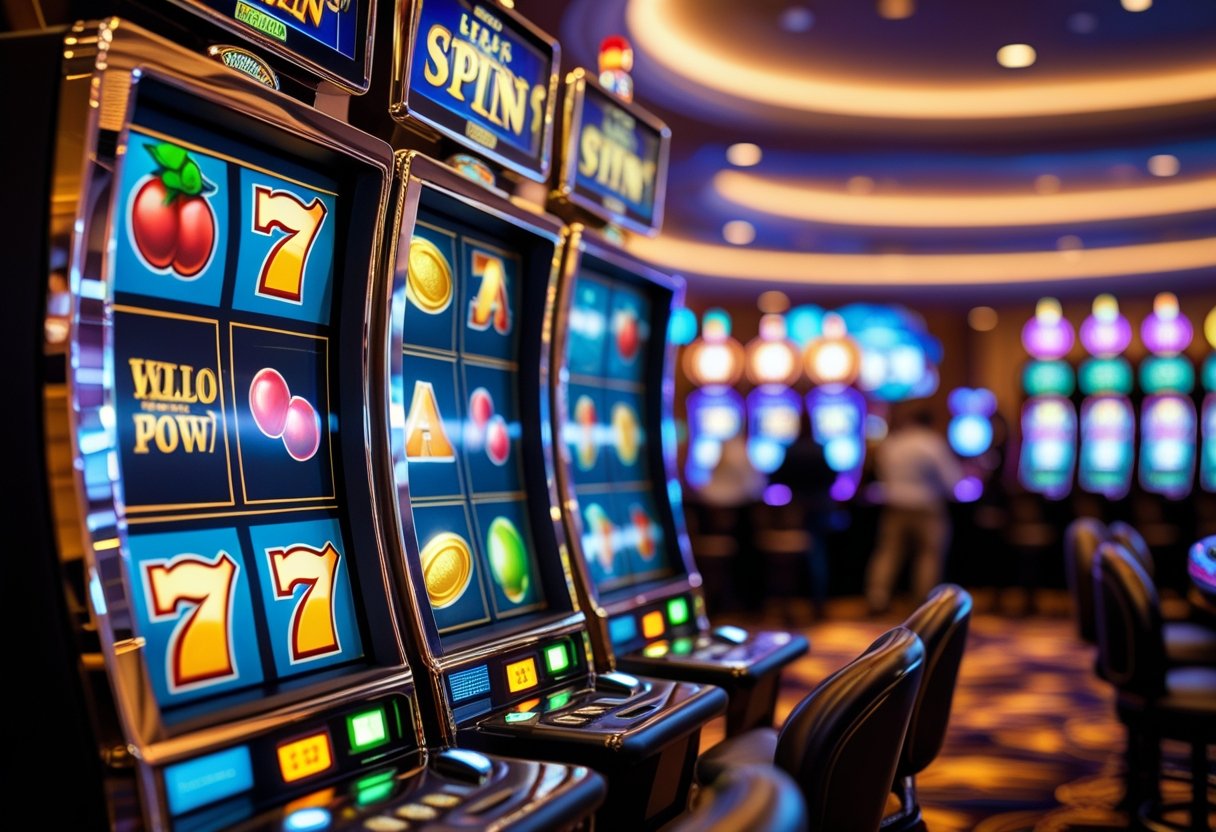 Close-up of colorful slot machines spinning reels in a lively casino setting with warm lighting and blurred people in the background.